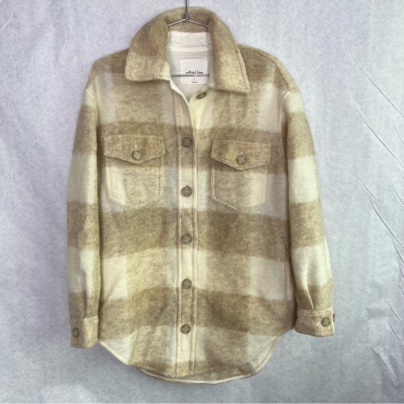 Aritzia Wilfred Free Shirt Jacket Wool Blend Tan Cream Plaid Shacket Size small - Picture 1 of 7